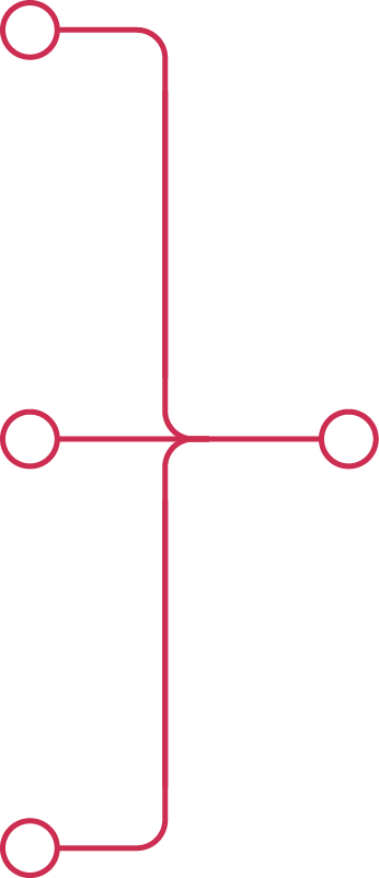 Tres círculos conectados a un cuarto circulo de manera horizontal en disposición de mapa conceptual de derecha a izquierda